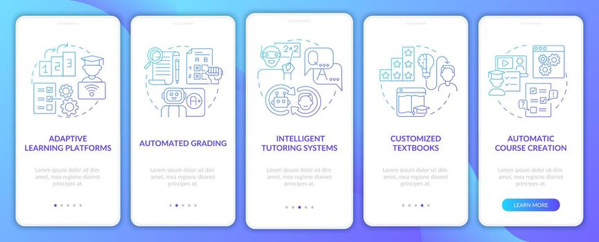 Automation of education blue gradient onboarding mobile app screen set. Walkthrough 5 steps graphic instructions pages with linear concepts. UI, UX, GUI template. Myriad Pro-Bold, Regular fonts used