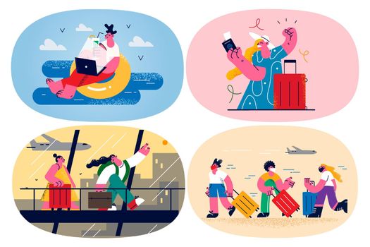 Happy people in airport ready for summer vacation. Smiling cartoon character person excited with travel. Tourism during covid-19 times. Freelance remote work. Flat vector illustration. Set.