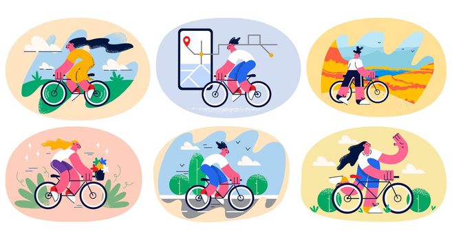 Set of people riding bicycle enjoy active hobby relax on summer weekend outdoors. Collection of men and women cyclist on bikes enjoy leisure time. Physical activity concept. Vector illustration.