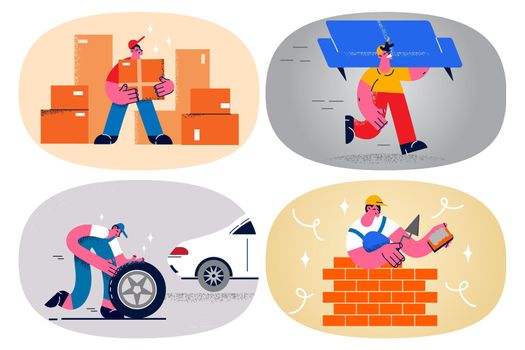 Set of repairmen or servicemen help clients with orders and house duties. Bundle of people occupations and professions. Mechanic and repairman, courier and handyman. Flat vector illustration.