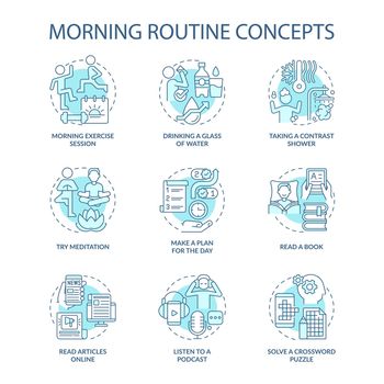 Morning routine turquoise concept icons set