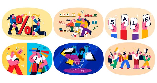 Set of diverse people buyers shopping in store or shop of winter seasonal sales. Collection of clients or customers buy make purchase on promotion or discounts. Flat vector illustration.