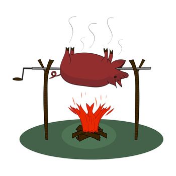 Whole pig roast on a spit. Vector isolated illustration.