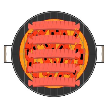 Fried sausages on coals in a round grill. Vector illustration on white background.
