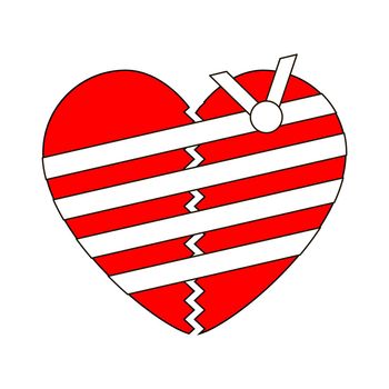 Сracked and broken red heart with wound and bandage. Vector illustration.