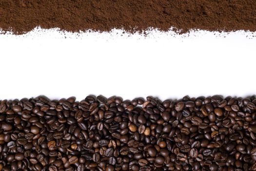 White background with coffee beans and ground coffee on below and above