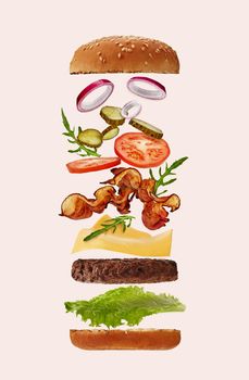 Palatable big burger with flying ingredients against light pink background. Ham, beef cutlet, cheese, vegetables and greens. Close up, copy space
