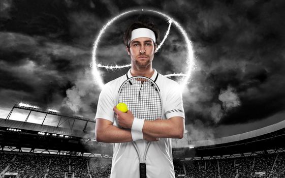 Tennis player with racket in white costume. Man athlete on the grand arena with tennis courts.