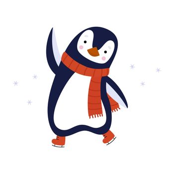 A penguin, wearing a red scarf, skates and flaps his wing