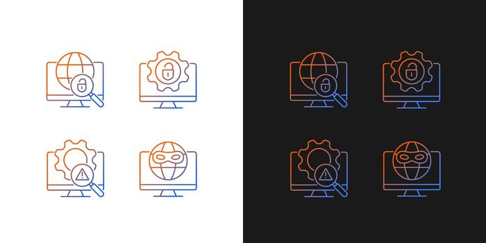 Illegal activities detection gradient icons set for dark and light mode