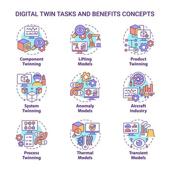 Digital twin tasks and benefits concept icons set