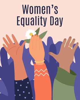 Women Equality Day. Women hands go up and vote for freedom and equality of women on a pink background and calligraphy. Women, Women Rights, International Women Day, 8 March. Vector flat