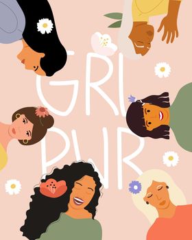 Women Equality Day. Girl power. Vector illustration depicting women of different nationalities and cultures. Poster or banner on a pink background.