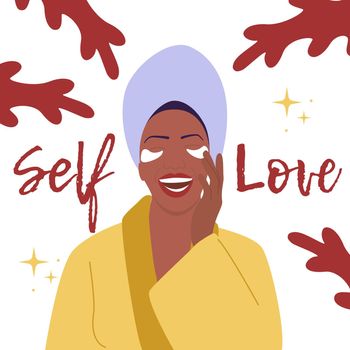 A joyful dark-skinned girl in a yellow robe and with a towel on her head loves herself and takes care of herself