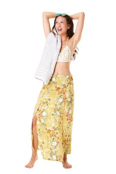Full body cheerful young asian woman laughing with hands behind head against white isolated background