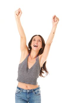 cheerful young asian woman laughing with hands in air