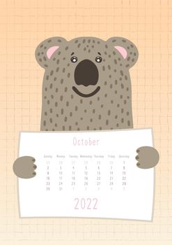 2022 october calendar, cute koala animal holding a monthly calendar sheet, hand drawn childish style