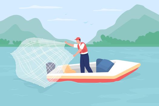 Net fishing from boat flat color vector illustration