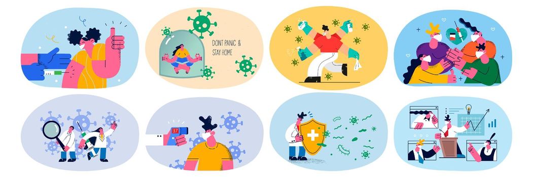 Set of diverse people and doctors fight protect from corona virus epidemic. Collection of men and women live with covid-19, vaccinate and disinfect hands, wear masks for safety. Vector illustration.