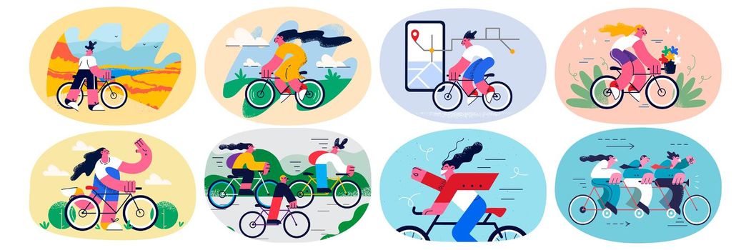 Set of diverse people relax enjoy summer weekend ride bikes track route on smartphone app. Collection of young men or women cyclist do physical activity cycle bicycle. Flat vector illustration.