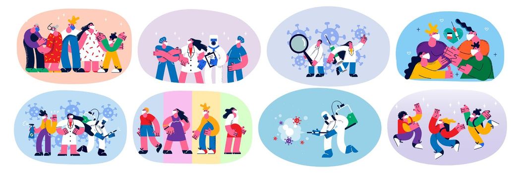 Set of diverse people in facial masks get vaccinated protect against covid-19. Bundle of doctors fight with coronavirus infection. Vaccination against corona virus pandemic. Vector illustration.