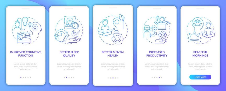 Wake up early benefits blue gradient onboarding mobile app screen