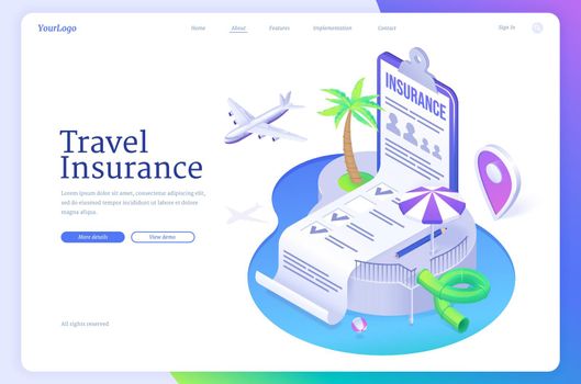 Travel insurance isometric landing page, banner