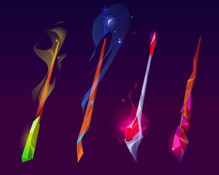 Magic wands, magician sticks with crystals