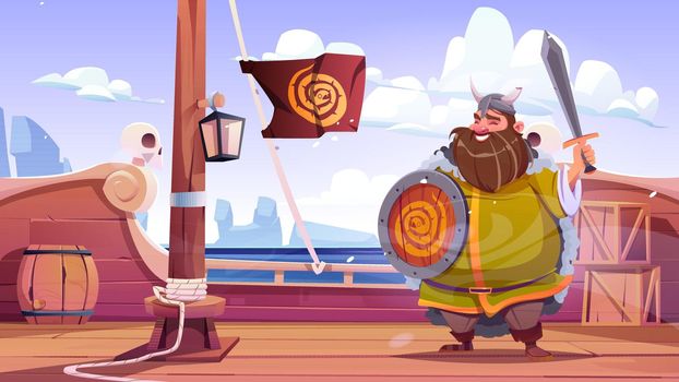 Viking character with sword and shield on ship