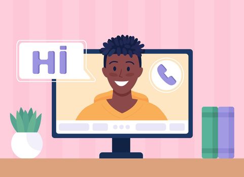 Online video chat with potential romantic partner flat color vector illustration
