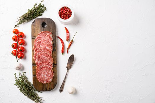 Salami smoked sausage, on white stone table background, top view flat lay, with copy space for text