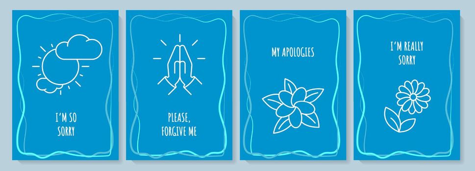 Sorry blue postcard with linear glyph icon set
