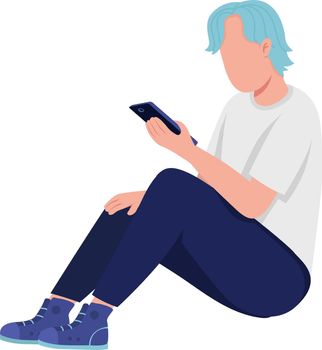 Boy with dyed hair looks at smartphone semi flat color vector character