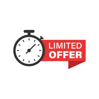 Limited offer label icon in flat style. Discount banner with clock vector illustration on isolated background. Sale sign business concept.
