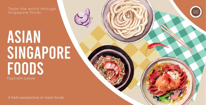 Billboard template with Singapore cuisine concept,watercolor style
