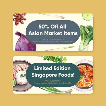 Voucher template with Singapore cuisine concept,watercolor style