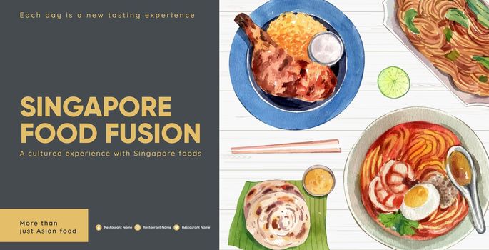 Billboard template with Singapore cuisine concept,watercolor style
