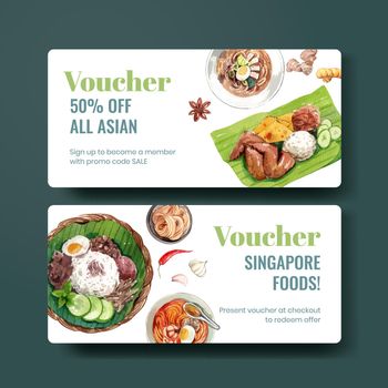 Voucher template with Singapore cuisine concept,watercolor style
