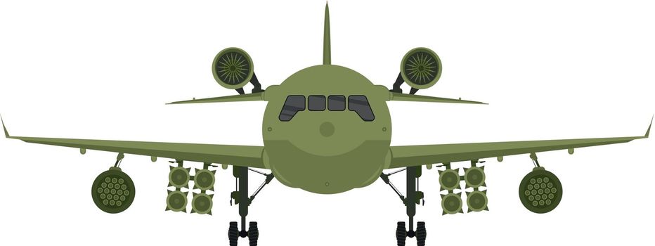 Military plane front view. Green fighter with rocket launchers.