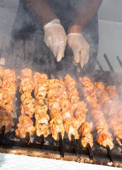 Chicken shashlyk being grilled