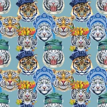 Seamless pattern with the image of a tiger's face. Decor for decoration of textiles or wallpaper.