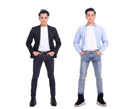Full length of young man in casual clothes and  suit. same man in different style clothes