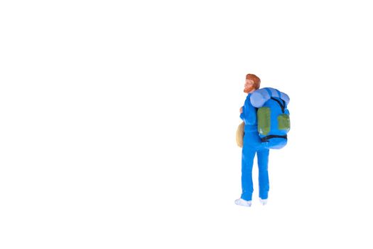 Close up of Miniature backpacker and tourist people isolate on white background