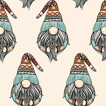 Seamless pattern illustration of a gnome with a beard in a hat. New year and christmas symbol on a beige background.