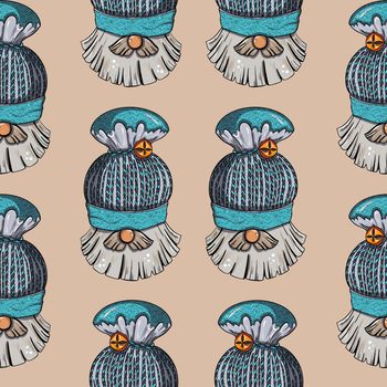 Seamless pattern illustration of a gnome with a beard in a hat. New year and christmas symbol on a brown background.