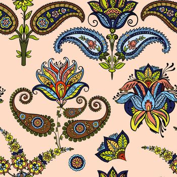 Illustration raster seamless paisley pattern with patterns on beige background