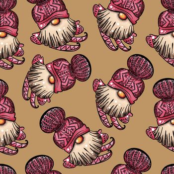 Seamless pattern illustration of a gnome with a beard in a hat. New year and christmas symbol on brown background.