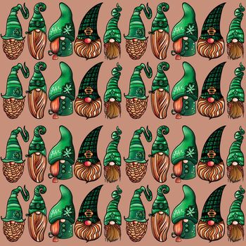 Seamless pattern illustration of a gnome with a beard in a hat. Symbol for the feast of st patrick on a brown background.