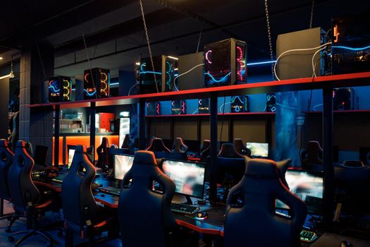 View on gaming equipment in interior of cyber club
