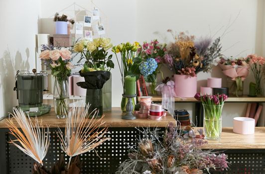 Flowers and bouquets at modern light flower shop